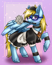 Size: 2160x2700 | Tagged: safe, artist:duskooky, artist:kooky, oc, oc only, oc:cloud cuddler, pegasus, pony, clothes, duster, female, glasses, high res, maid, mare, pegasus oc, purple background, simple background, wings