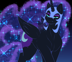 Size: 3696x3200 | Tagged: safe, artist:aerospine, nightmare moon, alicorn, pony, g4, digital art, ethereal mane, ethereal tail, female, flowing mane, frown, glowing, high res, horn, mare, solo, stars, tail, wide hips, wings