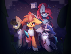 Size: 3000x2300 | Tagged: safe, artist:miryelis, oc, oc only, oc:rainven wep, earth pony, pegasus, pony, unicorn, crossover, earth pony oc, female, flying, gift art, high res, horn, long hair, magic, male, minecraft, monster, night, pegasus oc, serious, sky, standing, unicorn oc, weapon