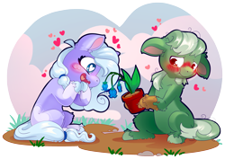 Size: 2813x1990 | Tagged: safe, artist:cutepencilcase, oc, oc only, earth pony, pony, blushing, cute, duo, floating heart, floppy ears, flower, happy, heart, heart eyes, ocbetes, open mouth, open smile, potted plant, simple background, smiling, transparent background, unshorn fetlocks, wingding eyes