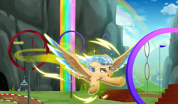 Size: 1800x1050 | Tagged: safe, artist:darksly, oc, oc only, oc:lumin light, pegasus, pony, flying, hoop, pegasus oc, rainbow falls (location), rainbow waterfall, solo, spread wings, trail, wings