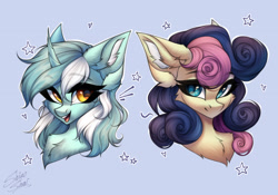Size: 3569x2500 | Tagged: safe, artist:shinoshai, bon bon, lyra heartstrings, sweetie drops, earth pony, pony, unicorn, g4, bust, chest fluff, ear fluff, female, high res, mare, open mouth, open smile, portrait, smiling, stars