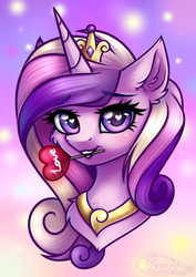 Size: 2480x3508 | Tagged: safe, artist:kruszynka25, princess cadance, alicorn, pony, g4, bust, candy, digital art, ear fluff, eyebrows, eyebrows visible through hair, female, food, happy, heart, heart eyes, high res, lollipop, looking at you, love, mare, mouth hold, smiling, solo, wingding eyes