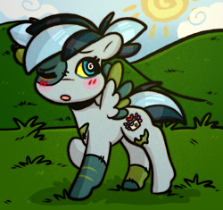 Size: 1332x1254 | Tagged: safe, artist:faerienougat, oc, oc only, oc:lavender nougat, pegasus, pony, undead, zombie, blushing, female, filly, foal, one eye closed, outdoors, pigtails, wink