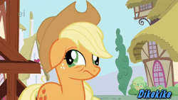 Size: 540x304 | Tagged: safe, artist:kroboproductions, edit, edited screencap, screencap, applejack, earth pony, pony, the nutritious chronicles of celeryjack, applebuck season, g4, animated, animation error, derp, female, gif, mare, missing accessory, rest in peace, solo, text, watermark, youtube poop