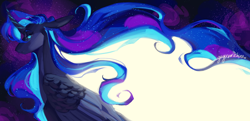 Size: 3500x1700 | Tagged: safe, artist:yuyusunshine, princess luna, alicorn, pony, g4, bust, ethereal mane, portrait, profile, side view, solo, starry mane