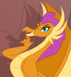 Size: 700x760 | Tagged: safe, artist:queencold, smolder, dragon, g4, dragoness, female, hand on chin, older, older smolder, one eye closed, shadow, solo, wink