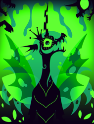 Size: 759x1000 | Tagged: safe, artist:devilbunzz, queen chrysalis, changeling, changeling queen, g4, creepy, green background, green eyes, simple background, solo, spread wings, wide smile, wings