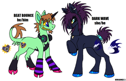 Size: 1280x830 | Tagged: safe, artist:devilbunzz, oc, oc only, oc:beat bounce, oc:dark wave, earth pony, pony, unicorn, cloven hooves, duo, ear piercing, earth pony oc, headphones, horn, jewelry, necklace, piercing, pronouns, simple background, unicorn oc, white background