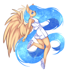 Size: 1920x1920 | Tagged: safe, artist:zenexart, oc, oc only, pegasus, anthro, plantigrade anthro, blue eyes, blue mane, blue tail, clothes, commission, dynamic pose, ethereal mane, feathered wings, female, large wings, leaning back, long mane, long tail, looking at you, no pupils, one leg raised, shirt, shoes, shorts, simple background, sleeveless, solo, spread wings, starry mane, starry tail, tail, white background, wings