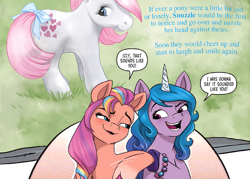 Size: 1027x735 | Tagged: safe, artist:amy mebberson, idw, izzy moonbow, snuzzle, sunny starscout, earth pony, pony, unicorn, g1, g5, my little pony 40th anniversary special, spoiler:comic, spoiler:g5comic, cropped, duo, female, grass, mane stripe sunny, mare, shipping fuel, speech bubble