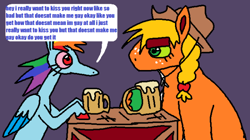 Size: 640x358 | Tagged: safe, artist:devilbunzz, applejack, rainbow dash, earth pony, pegasus, pony, g4, cider, cider mug, denial, drink, drinking, duo, female, implied lesbian, lesbian, mug, not gay, purple background, ship:appledash, shipping, simple background, speech bubble