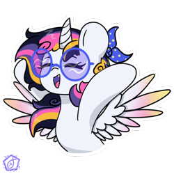 Size: 600x600 | Tagged: safe, artist:swishyfishy4308, oc, oc only, oc:1friendlyalicorn, alicorn, pony, alicorn oc, bow, commission, curved horn, cute, female, glasses, hair bow, horn, mare, outline, pegasus wings, promo, promotional art, round glasses, simple background, solo, transparent background, white outline, wings, ych result