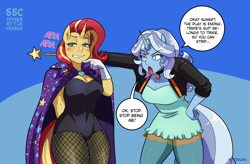 Size: 1333x874 | Tagged: safe, artist:traupa, sunset shimmer, trixie, unicorn, anthro, g4, accessory swap, alternate hairstyle, ara ara, belly button, blushing, breasts, busty sunset shimmer, busty trixie, cape, cleavage, clothes, clothes swap, dialogue, dress, duo, female, fishnet stockings, gloves, gritted teeth, hand on hip, hat, jacket, leotard, lesbian, looking at each other, looking at someone, magician outfit, mane swap, open mouth, redraw, remake, role reversal, ship:suntrix, shipping, sideboob, speech bubble, sudden style change, teeth, trixie's cape, trixie's hat