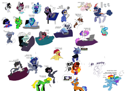 Size: 4232x3032 | Tagged: safe, artist:kreeeeeez, lyra heartstrings, misty brightdawn, rainbow dash, oc, oc:baked_horse, oc:firebolt, oc:gabri, oc:history, oc:inky doodle, oc:john capcom, oc:littleshyfim, oc:lokloy, oc:sky arrow, oc:spark bug, earth pony, kirin, pegasus, pony, unicorn, fanfic:background pony, g4, g5, 1000 hours in ms paint, ><, bloodshot eyes, bone, bucktooth, clothes, coffee, collar, colored wings, computer, computer mouse, desk, eyes closed, facedesk, floppy ears, glasses, gravestone, grin, hoodie, horns, july fools, leonine tail, mug, multicolored wings, onomatopoeia, pixel art, pride, pride flag, r/place, r/place2023, reddit, scarf, scarletsketch, simple background, skeleton, smiling, sound effects, striped scarf, stylistic suck, sunglasses, tail, that pony sure does love humans, this is fine, tired, transgender pride flag, white background, wings, zzz