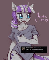 Size: 3232x4000 | Tagged: safe, artist:helemaranth, twilight velvet, unicorn, anthro, g4, bottomless, clothes, eyebrows, eyebrows visible through hair, female, gilf, milf, partial nudity, shirt, simple background, sketch, smiling, solo