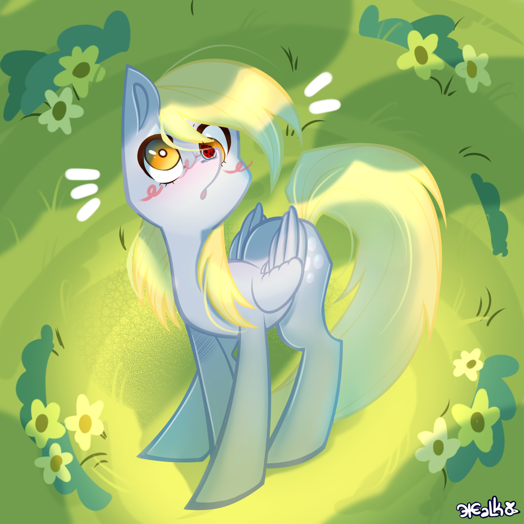 [cute,derpy hooves,female,flower,insect,ladybug,mare,pegasus,pony,safe,solo,derpabetes,emanata,artist:thejustbee]
