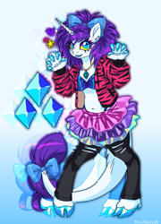 Size: 1078x1500 | Tagged: safe, artist:devilbunzz, rarity, pony, unicorn, anthro, unguligrade anthro, g4, alternate hairstyle, belly button, bow, clothes, cloven hooves, ear piercing, eyeshadow, gradient background, hair bow, jacket, jewelry, leonine tail, makeup, necklace, piercing, scene kid, scene queen, skirt, solo, tail, tail bow