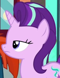 Size: 670x876 | Tagged: safe, screencap, starlight glimmer, sunburst, pony, unicorn, g4, season 8, the parent map, female, frown, lidded eyes, male, mare, offscreen character, raised hoof, solo focus, stallion