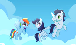Size: 748x442 | Tagged: safe, artist:cottoncandy1210, rainbow dash, soarin', oc, oc:cloudy sky, pegasus, pony, g4, family, female, flying, male, mare, offspring, parent:rainbow dash, parent:soarin', parents:soarindash, ship:soarindash, shipping, sky, stallion, straight