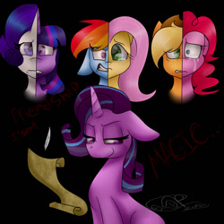 Size: 1024x1024 | Tagged: safe, artist:yoshiyoshi700, applejack, fluttershy, pinkie pie, rainbow dash, rarity, starlight glimmer, twilight sparkle, fanfic:the friendship test, g4, 2018, angry, black background, crying, fanfic art, floppy ears, group, lidded eyes, quill, relapse, sad, signature, simple background, smiling, this will end in communism