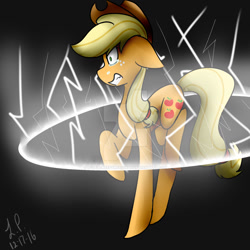 Size: 1024x1024 | Tagged: safe, artist:lovescreepyreadings, applejack, fanfic:the friendship test, g4, 2016, crying, electricity, fanfic art, female, floppy ears, gray background, gritted teeth, imminent death, signature, simple background, solo, tears of fear, teeth, watermark