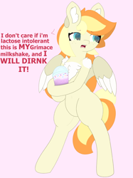 Size: 2980x3975 | Tagged: safe, artist:sodapop sprays, oc, oc only, oc:sodapop sprays, pegasus, pony, semi-anthro, arm hooves, bipedal, chest fluff, ear fluff, female, grimace shake, high res, mare, mcdonald's, meme, misspelling, solo, this will end in hospitalization