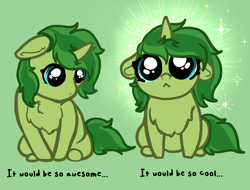 Size: 2316x1760 | Tagged: safe, artist:nootaz, oc, oc only, oc:gamma flux, pony, unicorn, :<, chest fluff, cute, green background, simple background, sitting, solo