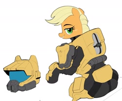 Size: 2048x1707 | Tagged: safe, artist:_ton618_, applejack, earth pony, pony, g4, armor, female, grin, halo (series), lidded eyes, looking at you, looking back, looking back at you, mare, simple background, smiling, smiling at you, solo, spartan, white background