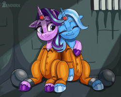 Size: 2500x2000 | Tagged: safe, artist:zendora, starlight glimmer, trixie, pony, unicorn, g4, ball and chain, clothes, commission, commissioner:rainbowdash69, cute, diatrixes, duo, female, glimmerbetes, high res, hug, jail, jail cell, jumpsuit, lesbian, mare, never doubt rainbowdash69's involvement, prison, prison outfit, prisoner, prisoner sg, prisoner tx, ship:startrix, shipping, shirt, undershirt, unshorn fetlocks