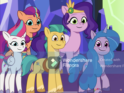 Size: 2732x2048 | Tagged: safe, edit, hitch trailblazer, izzy moonbow, pipp petals, sunny starscout, zipp storm, earth pony, pegasus, pony, unicorn, g5, my little pony: tell your tale, fake, faker than a three dollar bill, female, high res, male, mane stripe sunny, mare, stallion, twilight's castle, watermark