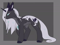 Size: 2048x1525 | Tagged: safe, artist:beardie, oc, oc only, oc:penumbra shard, pony, unicorn, fanfic:iron hearts, abstract background, blue eyes, body markings, chest fluff, colored ears, colored hooves, colored horn, ear fluff, ear tufts, frown, gray background, horn, jewelry, lidded eyes, long tail, necklace, pale belly, passepartout, simple background, tail, unicorn oc, walking