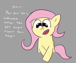 Size: 1200x1000 | Tagged: safe, artist:wanda, fluttershy, pegasus, pony, g4, gray background, looking down, simple background, solo, text