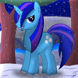 Size: 1280x1280 | Tagged: safe, artist:sokostar shr, oc, oc only, unnamed oc, pony, unicorn, forest, grin, horn, ice, looking at you, signature, smiling, smiling at you, snow, snowball, snowfall, snowflake, solo, tree, unicorn oc