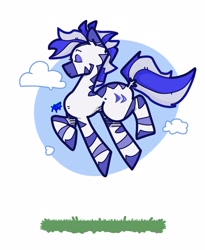Size: 1872x2287 | Tagged: safe, artist:xtsij, oc, oc only, oc:periwinkle mirtillo, zebra, blue, cloud, eyes closed, female, grass, happy, jumping, satisfied, side view, simple background, solo, striped, striped mane, white background, zebra oc