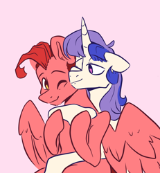 Size: 1114x1208 | Tagged: source needed, safe, artist:smirk, oc, oc only, oc:craisin, oc:myrtille, pegasus, pony, unicorn, couple, cute, duo, gay, hug, hug from behind, male, not pinkie pie, nuzzling, pink background, simple background, stallion