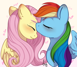 Size: 1650x1438 | Tagged: safe, artist:fog, fluttershy, rainbow dash, pegasus, pony, g4, blushing, ears back, eyebrows, eyelashes, eyes closed, feathered wings, female, heart, kissing, lesbian, mare, pegasus wings, ship:flutterdash, shipping, signature, smiling, spread wings, wings