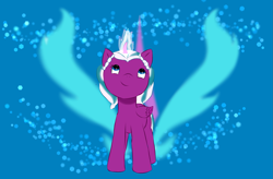 Size: 1945x1273 | Tagged: safe, artist:misty arcana(eva.zz), opaline arcana, alicorn, pony, g5, spoiler:g5, a memory in my heart, cute, cutie mark background, female, filly, filly opaline arcana, foal, folded wings, glowing, glowing horn, horn, looking at something, looking up, opalinebetes, smiling, solo, standing, story:a memory in my heart, wings, younger