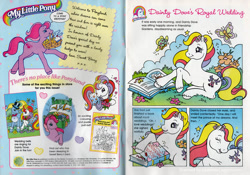 Size: 1100x769 | Tagged: safe, official comic, dainty dove (g2), prince proudfoot, sweet berry, butterfly, earth pony, pony, g2, official, basket, bed, book, bow, bowtie, closed mouth, clothes, dainty dove's royal wedding, dress, eyes closed, female, flower, hat, heart, lying down, male, mare, marriage, mouth hold, my little pony logo, open mouth, open smile, outdoors, prone, smiling, stallion, tail, tail bow, top hat, tuxedo, wedding