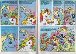 Size: 1100x789 | Tagged: safe, official comic, dainty dove (g2), ivy, morning glory (g2), prince proudfoot, sundance (g2), earth pony, pony, g2, official, arbor, blushing, closed mouth, clothes, dainty dove's royal wedding, dress, female, flower, flower in hair, hat, heart, lavender lagoon, love at first sight, male, mare, marriage, marriage proposal, open mouth, ship:daintyfoot, shipping, smiling, stallion, straight, sun, top hat, wedding bells, wedding dress