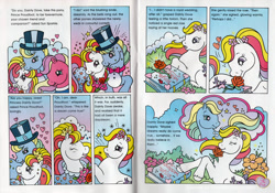 Size: 1100x772 | Tagged: safe, official comic, dainty dove (g2), prince proudfoot, sunsparkle, earth pony, pony, g2, official, closed mouth, clothes, dainty dove's royal wedding, dream, dress, eyes closed, eyes open, female, flower, hat, it was all a dream, male, mare, marriage, open mouth, rose, ship:daintyfoot, shipping, stallion, straight, top hat, waking up, wedding