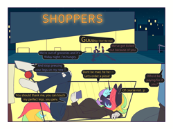 Size: 2970x2209 | Tagged: safe, artist:chapaevv, oc, oc:moonbow flare, anthro, plantigrade anthro, comic:out of change, clothes, comic, dialogue, female, grocery store, high res, hoodie, male, night, offscreen character, parking lot, patreon, patreon reward, phone, shopping cart, text