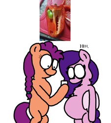 Size: 3023x3351 | Tagged: safe, artist:professorventurer, pipp petals, sunny starscout, earth pony, pegasus, pony, series:ask pippamena, g5, bell pepper, duo, female, food, high res, lesbian, pareidolia, phone, pippamena, pregnant, primrose petals, ship:petalscout, shipping, showing, simple background, white background