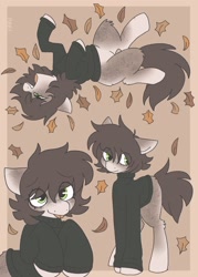 Size: 1463x2048 | Tagged: safe, artist:puppie, oc, oc only, earth pony, pony, autumn, clothes, eye clipping through hair, leaves, smiling, sweater, tongue out