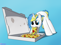 Size: 2700x1995 | Tagged: safe, artist:passionpanther, oc, oc only, oc:dostluk vasitasiyla harmony, pony, unicorn, blue background, eating, female, food, gradient background, herbivore, mare, mouth hold, nom, pizza, pizza box, solo, tomato