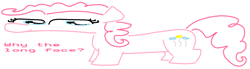 Size: 1910x530 | Tagged: safe, artist:purblehoers, pinkie pie, earth pony, pony, g4, female, looking at you, mare, ms paint, simple background, smug, solo, standing, text, white background, why the long face