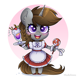 Size: 4000x4000 | Tagged: safe, artist:madelinne, oc, oc only, oc:disty, unicorn, anthro, candy, chibi, clothes, commission, crossdressing, cute, drink, food, heart, heart eyes, horn, lollipop, maid, male, pinafore, solo, unicorn oc, wingding eyes, ych result
