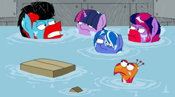 Size: 1600x889 | Tagged: safe, artist:yamston, twilight sparkle, oc, oc:lance greenfield, oc:little fawn, oc:spark greenfield, earth pony, phoenix, pony, unicorn, zebra, fanfic:living the dream, g4, 2023, family, family guy, fanfic art, flooding, group, it insists upon itself, meme, parent:oc:lance greenfield, parent:twilight sparkle, red and black mane, reference, story included, two toned mane, unicorn twilight, wet, wet mane, zebra oc