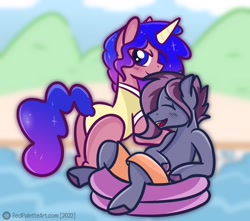 Size: 1160x1024 | Tagged: safe, artist:redpalette, oc, oc only, oc:darjeeling, pony, saddle arabian, unicorn, clothes, digital art, female, gradient mane, horn, laughing, male, mare, scene, smiling, sparkle, stallion, summer, swimming pool, swimsuit, unicorn oc