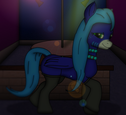 Size: 2319x2128 | Tagged: safe, artist:annette62, oc, oc only, oc:annette (lewdpone), pegasus, pony, g5, bedroom eyes, blue fur, blue hair, clothes, dark room, dock, female, freckles, g5 oc, green eyes, high res, lens flare, looking at you, pegasus oc, sexy, smiling, smiling at you, socks, solo, stripper, stripper pole, tail